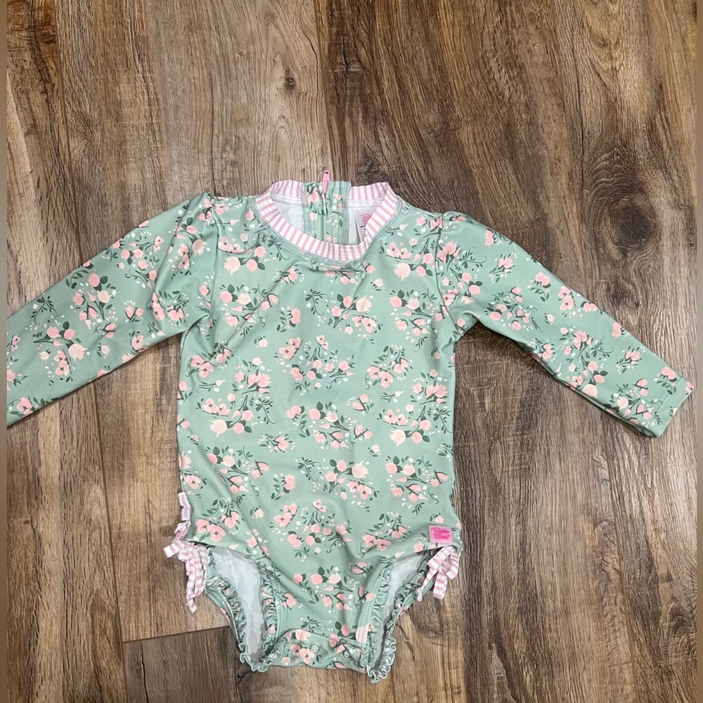 RuffleButts Toddler Girls Long Sleeve One Piece Rash Guard - Tea Roses 2T